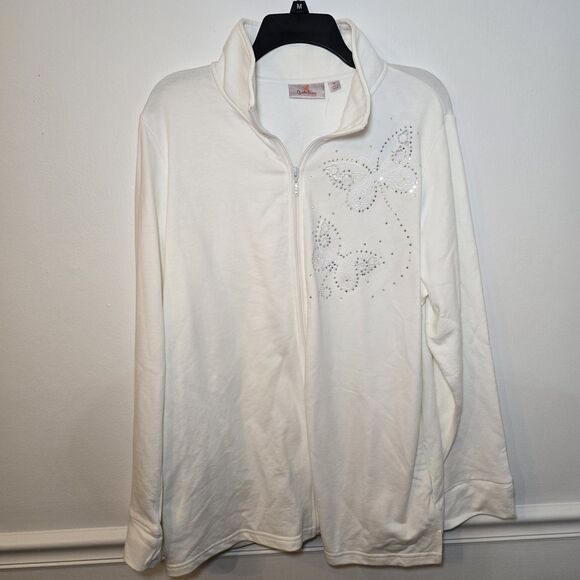 Quacker Factory Y2K White Cotton Blend Zip Butterfly Rhinestone Jacket Sz 1X New - Picture 1 of 6
